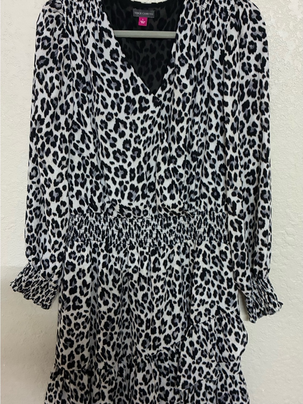 Vince Camuto Black & White Leopard Print Smocked Waist Dress